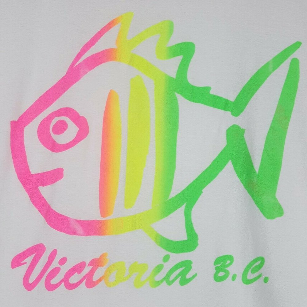 Vtg 80s Neon Fish Victoria BC T-Shirt L White
